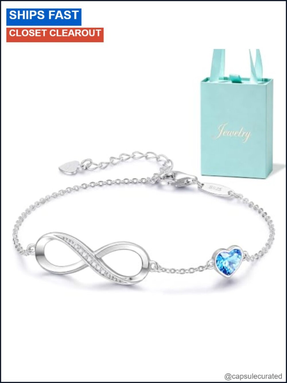 Sterling Silver Infinity Heart Birthstone Bracelet with CZ Crystals Adjustable